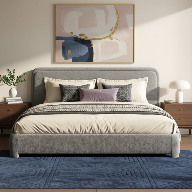 Modern Bouclé Upholstered Bed Frame with Rounded Headboard – King Size
