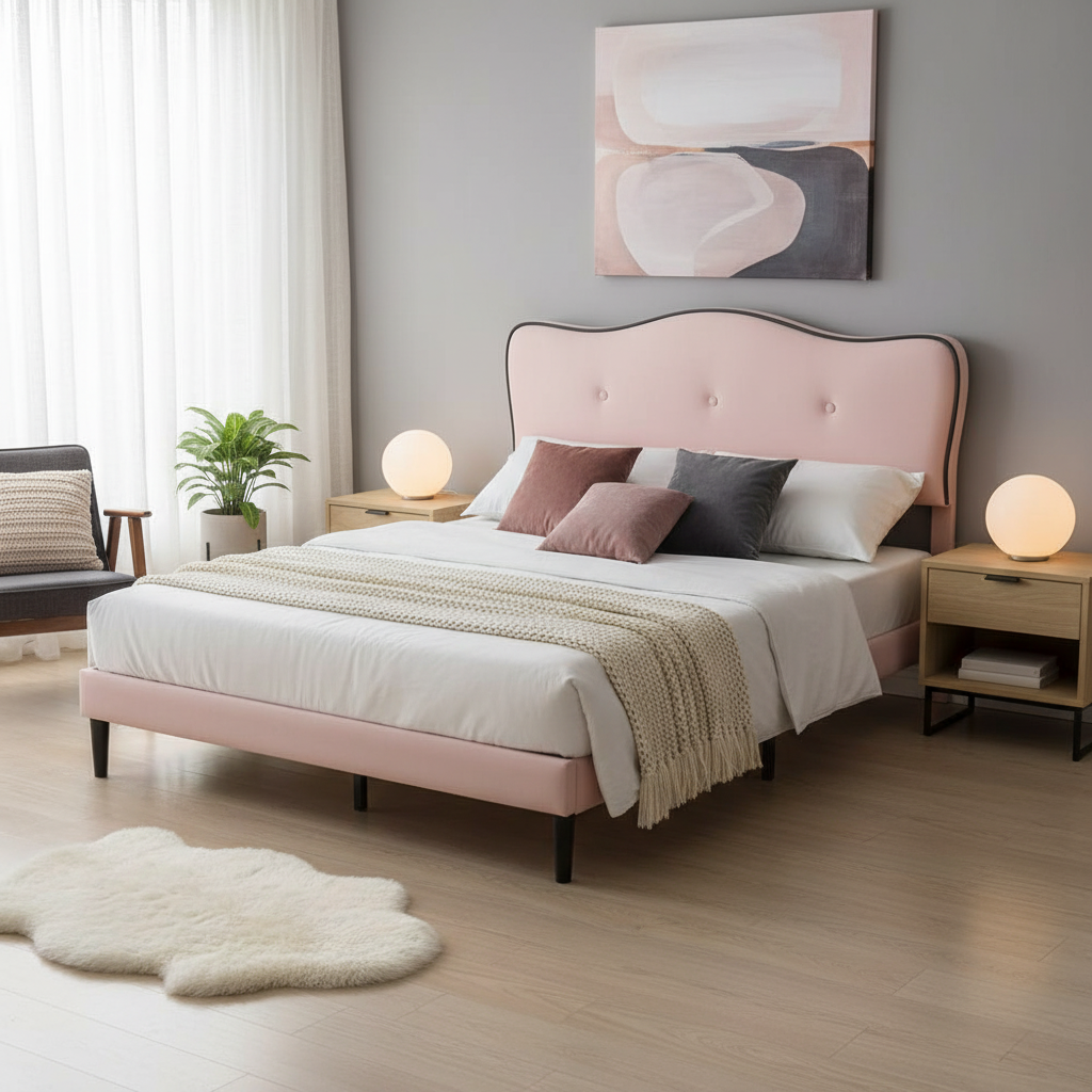 Curved Upholstered Bed Frame with Button-Tufted Headboard – Pink or White