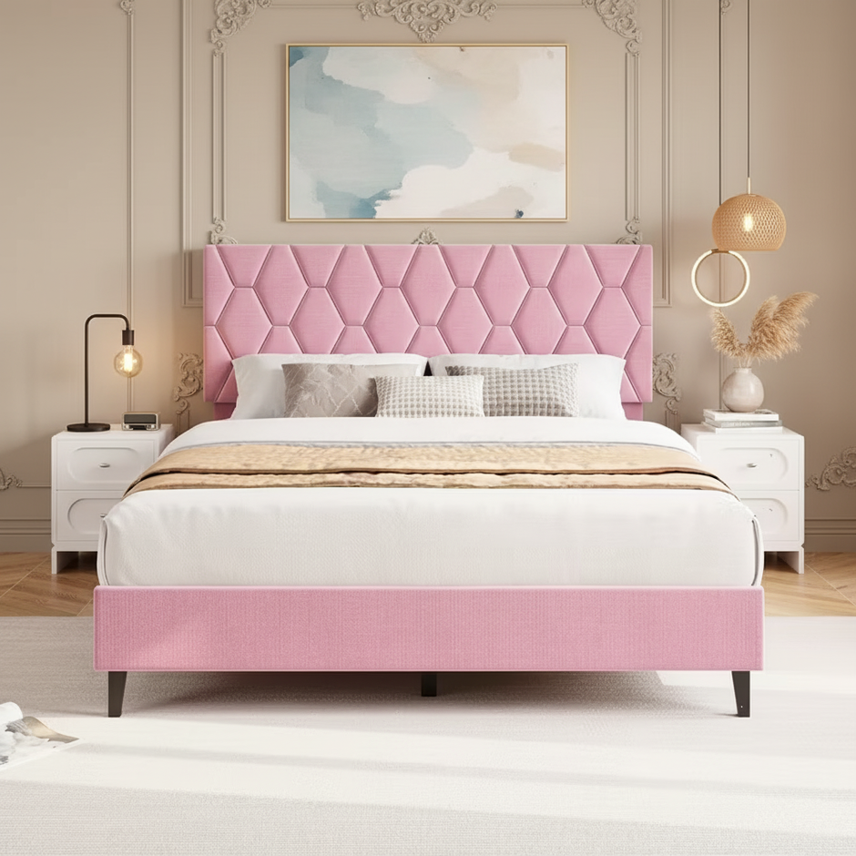 Modern Upholstered Platform Bed with Wingback Headboard