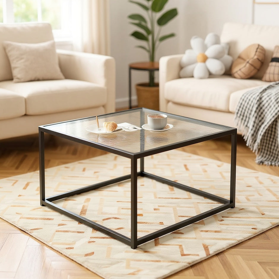 Minimalist Glass Coffee Table – Square Tempered Glass with Metal Frame, 27