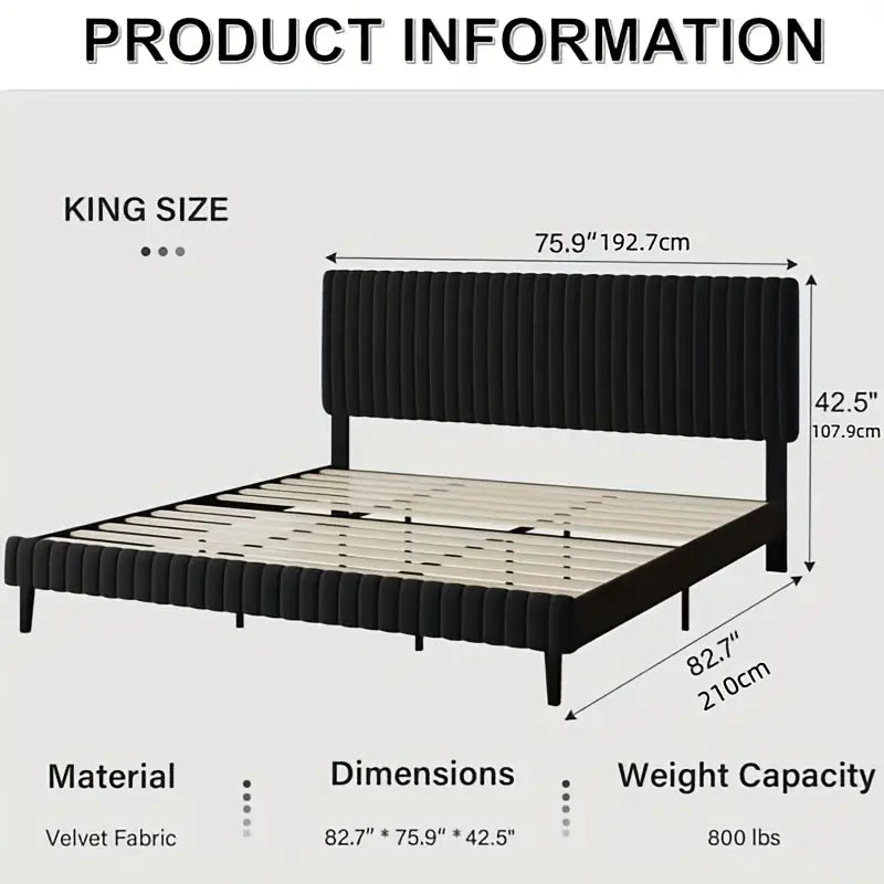 Modern Velvet Upholstered Bed with Adjustable Headboard – King Size