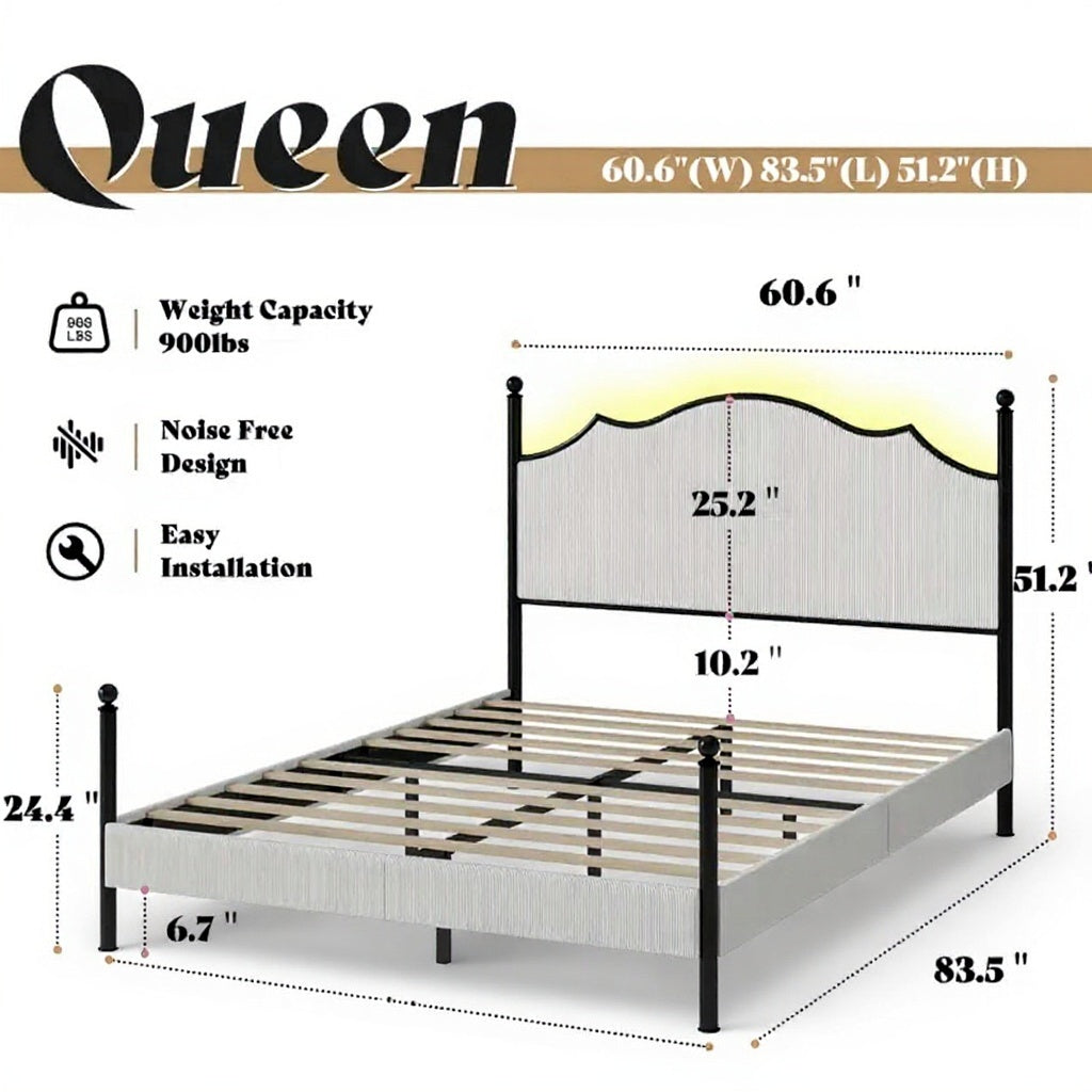 Queen Bed Frame with Corduroy Upholstered Headboard and RGB LED Lights