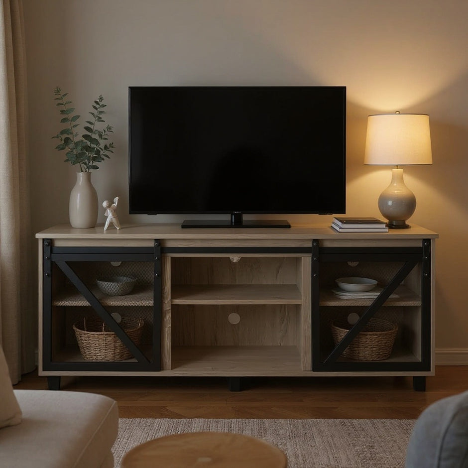 57" Farmhouse TV Stand with Sliding Barn Doors