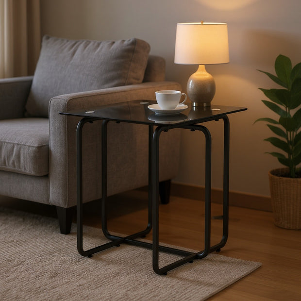 Modern Square Glass Side Table – Clear Glass or Black Glass – Metal Frame Accent Table