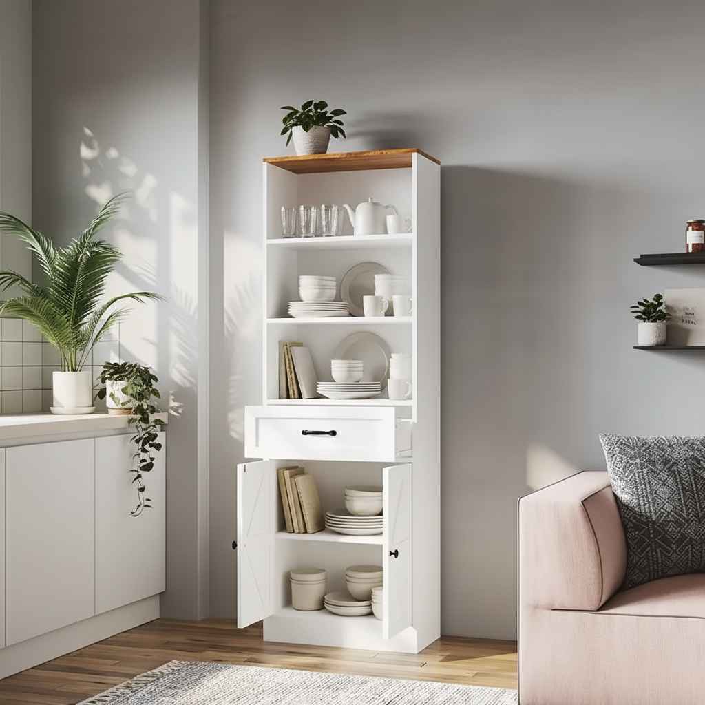 Tall White Farmhouse Bookshelf with Drawer and Double Door Cabinet