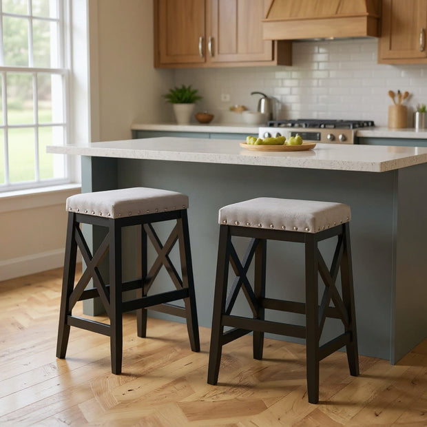 Set of 2 Upholstered Bar Stools with Nailhead Trim and Wooden Cross Back Legs – CozyVianno
