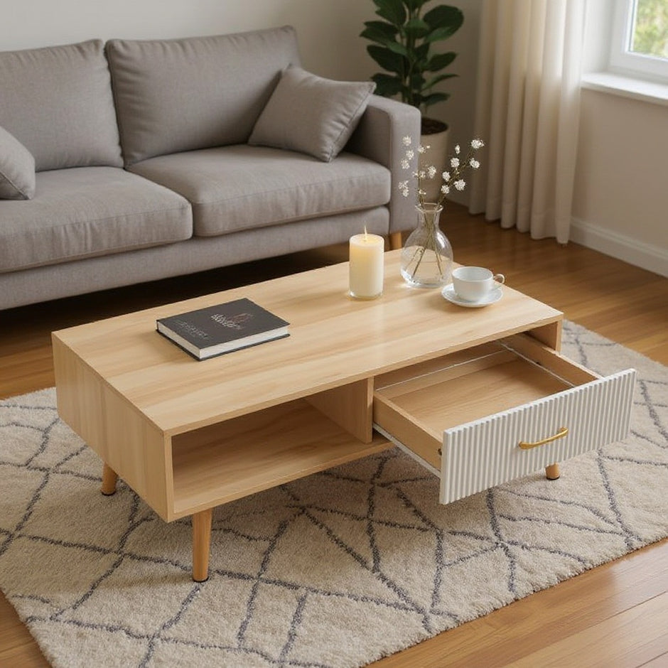 Modern Coffee Table with Drawer and Open Shelf, Wood Finish, 41