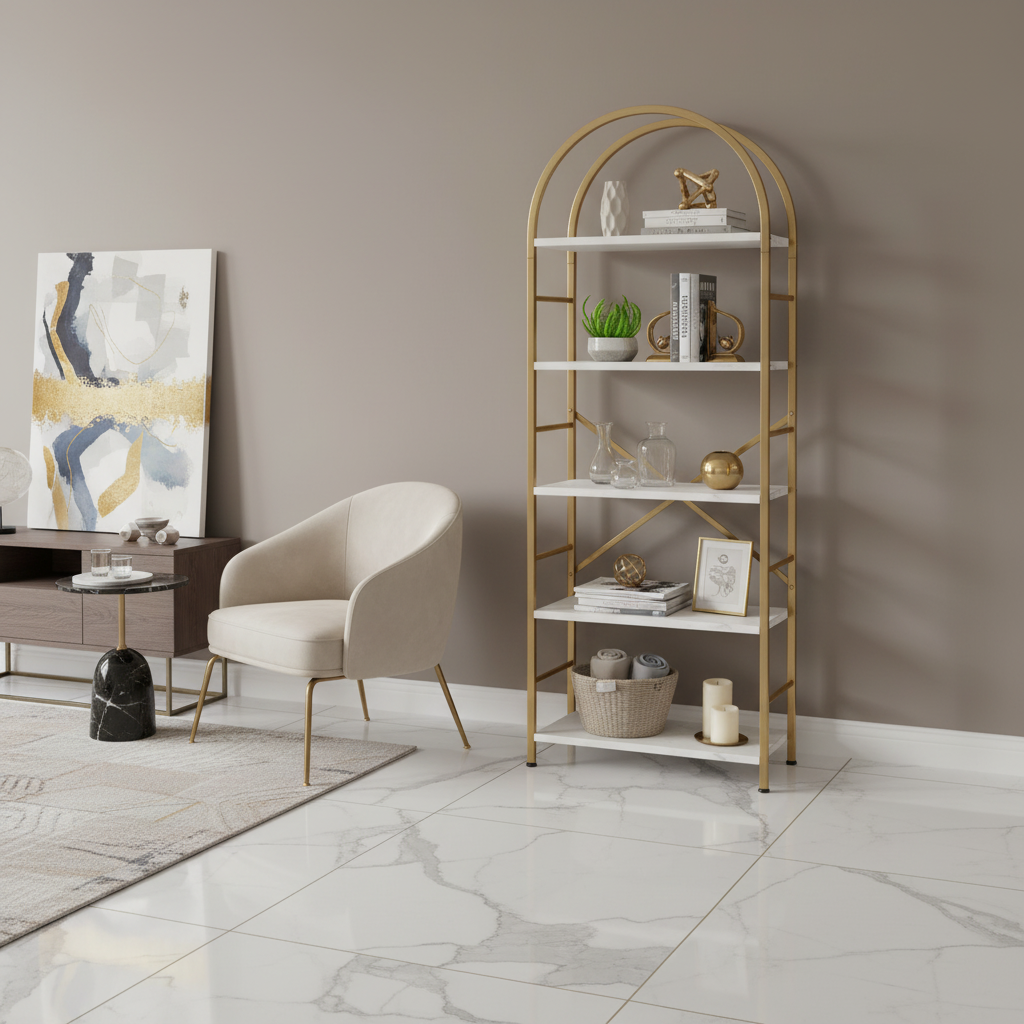 Modern Gold & White Arched Bookshelf – 5-Tier Metal Frame Storage Rack with Open Shelves