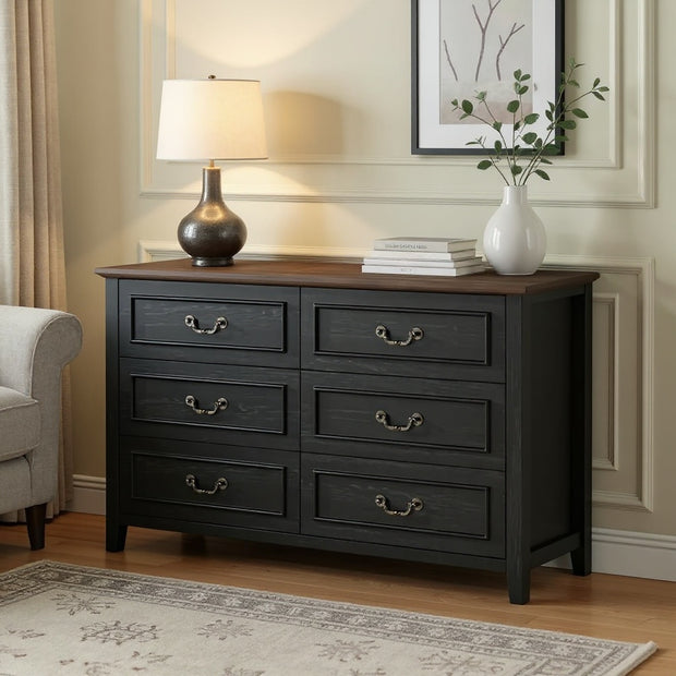 6-Drawer Wooden Dresser, Storage Cabinet with Anti-Tipping Device, Fits TV up to 55"