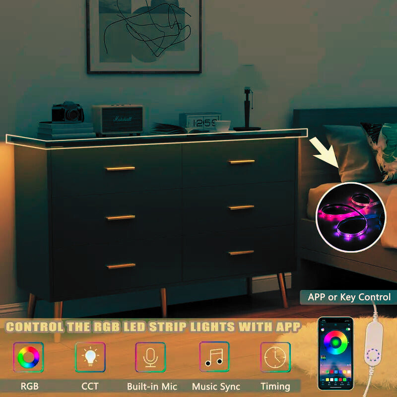 Modern 6-Drawer Dresser with LED Lights, Gold Handles & Tall Legs – Bedroom Storage Cabinet