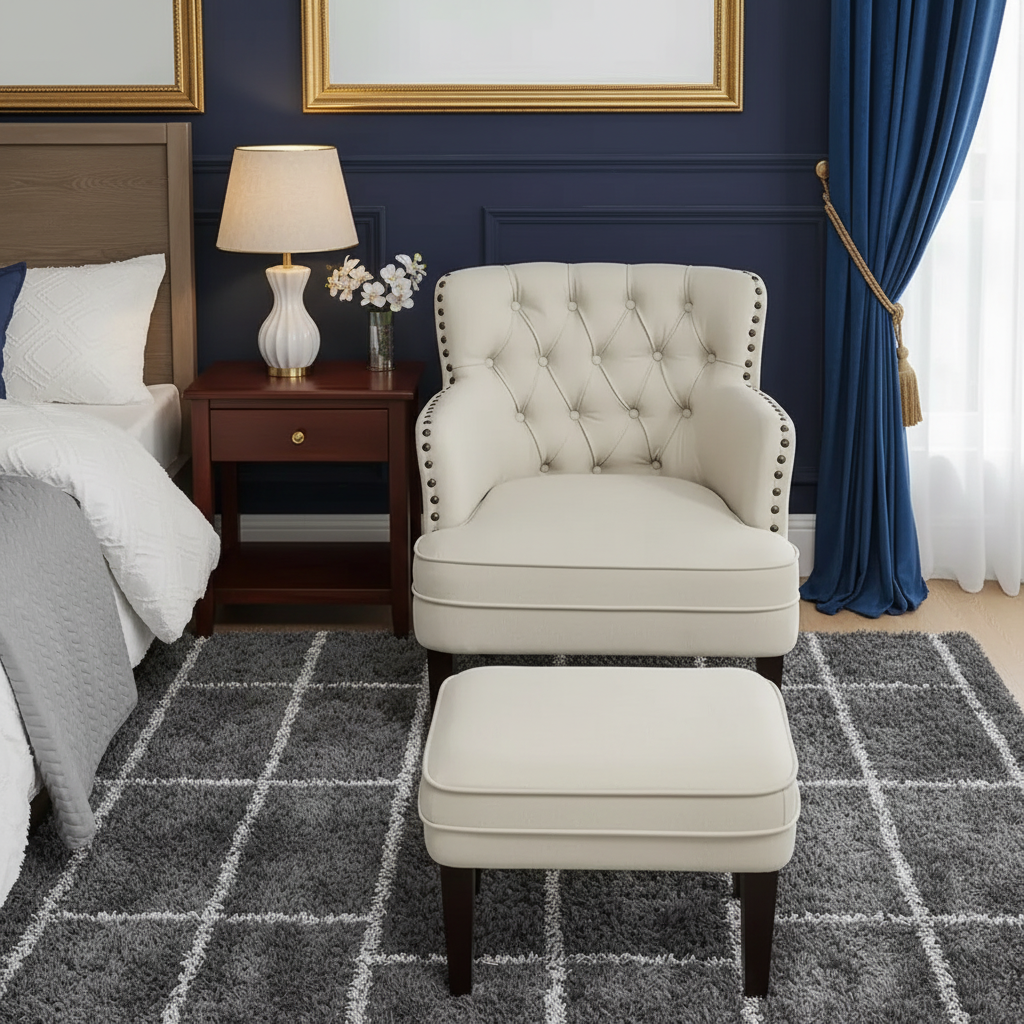 Tufted Accent Chair with Ottoman – Beige