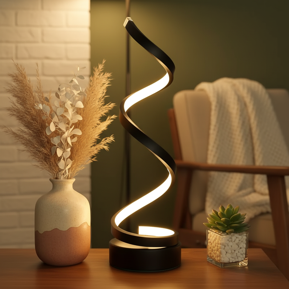 Modern Spiral LED Desk Lamp – 3-Color Dimmable Touch Lamp with USB-C