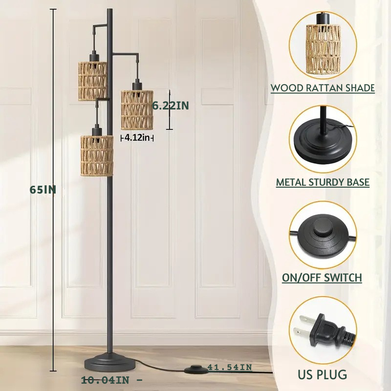 Dimmable Rattan Floor Lamp with 3 Adjustable Shades, E26 Base