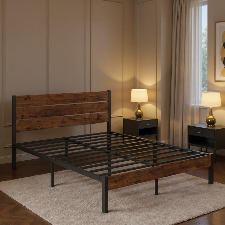 Rustic Wooden Bed Frame with Headboard – Queen Size
