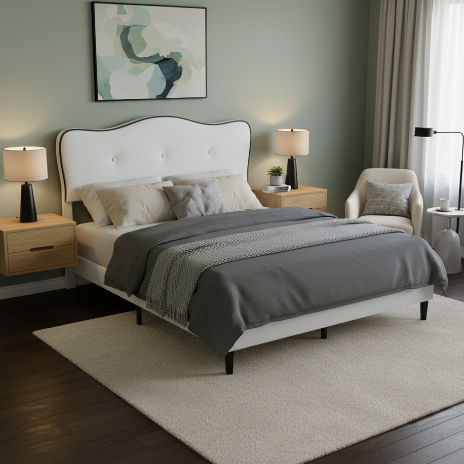 Curved Upholstered Bed Frame with Button-Tufted Headboard – Pink or White