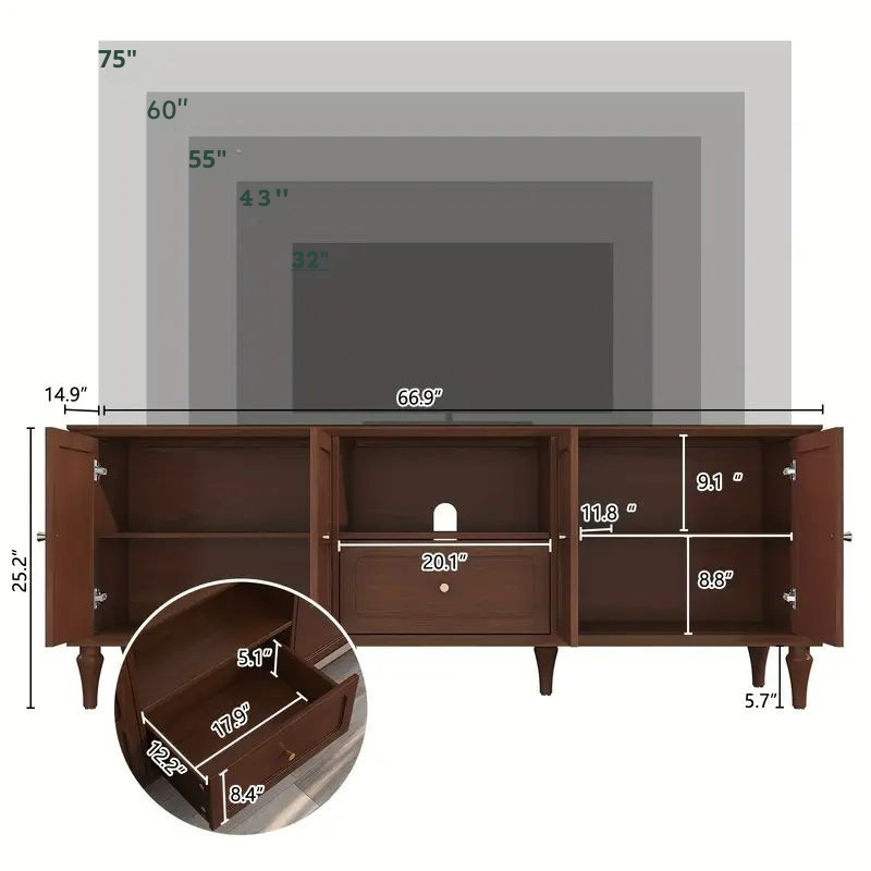Modern Solid Wood TV Stand with Storage Cabinets & Drawer