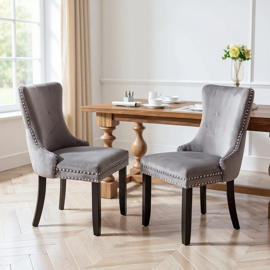 Velvet Dining Chairs with Button-Tufted Back, Solid Wood Legs – Set of 2