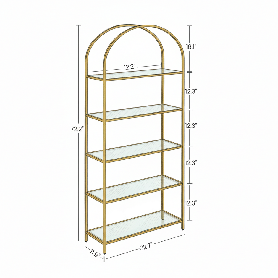 Arched Metal & Glass Bookcase – 5-Tier Tall Display Shelf with Modern Frame, Available in Black or Gold