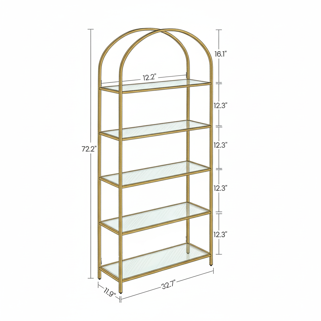 Arched Metal & Glass Bookcase – 5-Tier Tall Display Shelf with Modern Frame, Available in Black or Gold