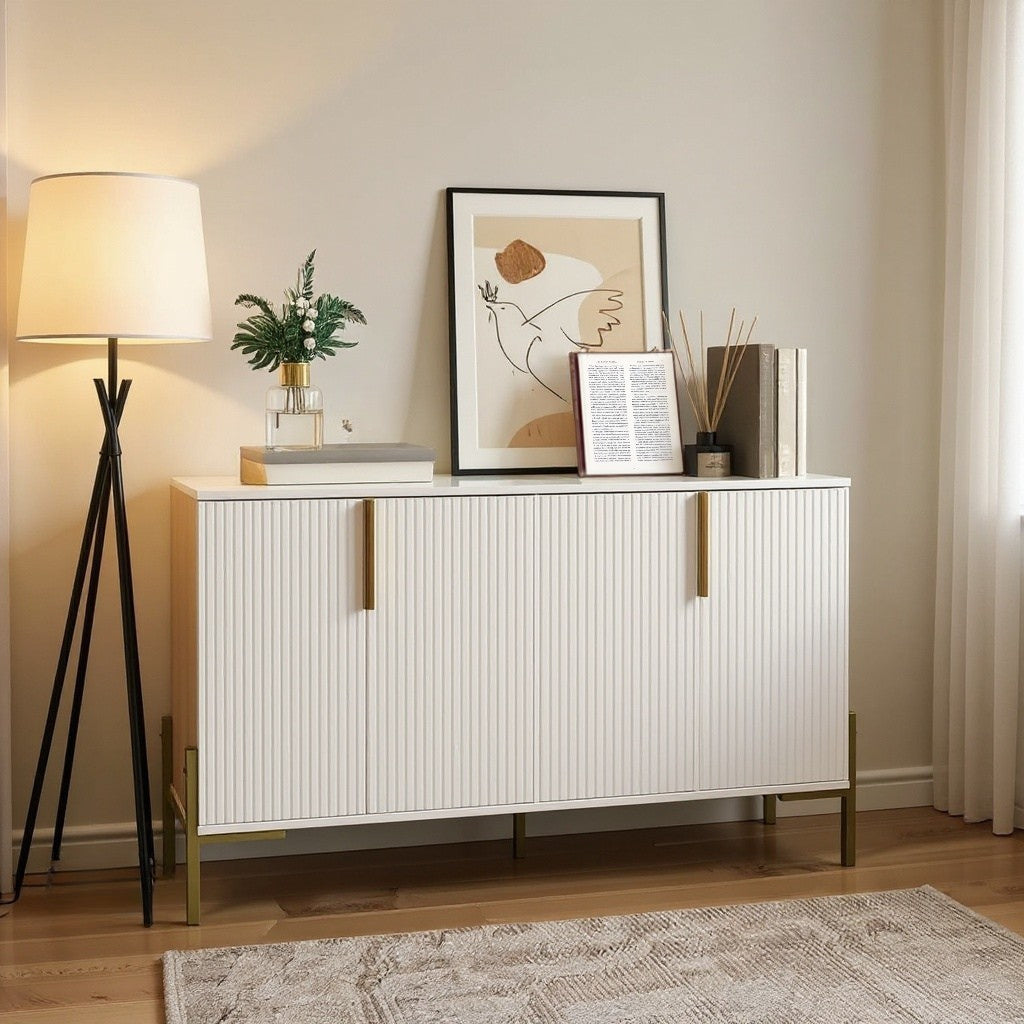 Modern 4-Door Storage Cabinet with Metal Legs – Black, White, Oak