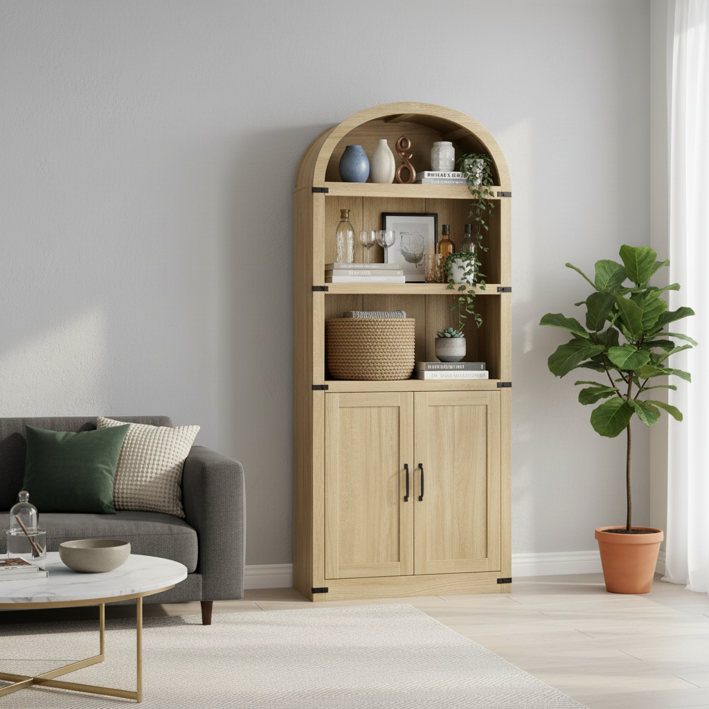 Arched Wood Bookshelf with Storage Cabinet – Tall Rustic Display Shelf with Doors for Living Room, Dining Room, or Office