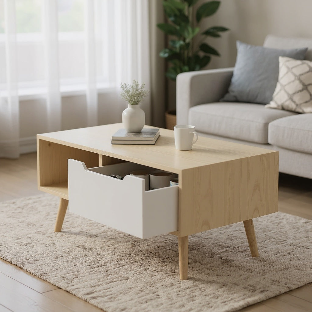 Smile Back Modern Coffee Table with Drawer and Open Shelf – 3 Color Options