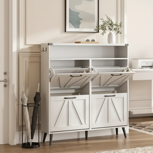 Modern 4-Compartment Tilt-Out Shoe Cabinet with Open Shelf – Multiple Finishes