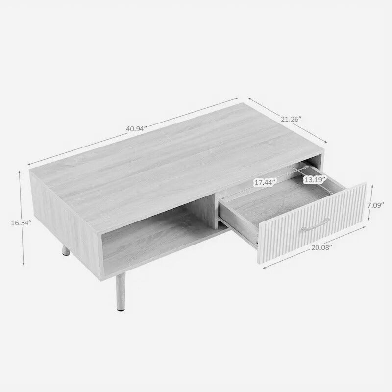 Modern Coffee Table with Drawer and Open Shelf, Wood Finish, 41
