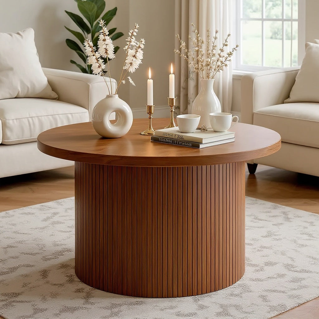 Modern Round Wooden Coffee Table – Fluted Pedestal Base, Natural Walnut Finish