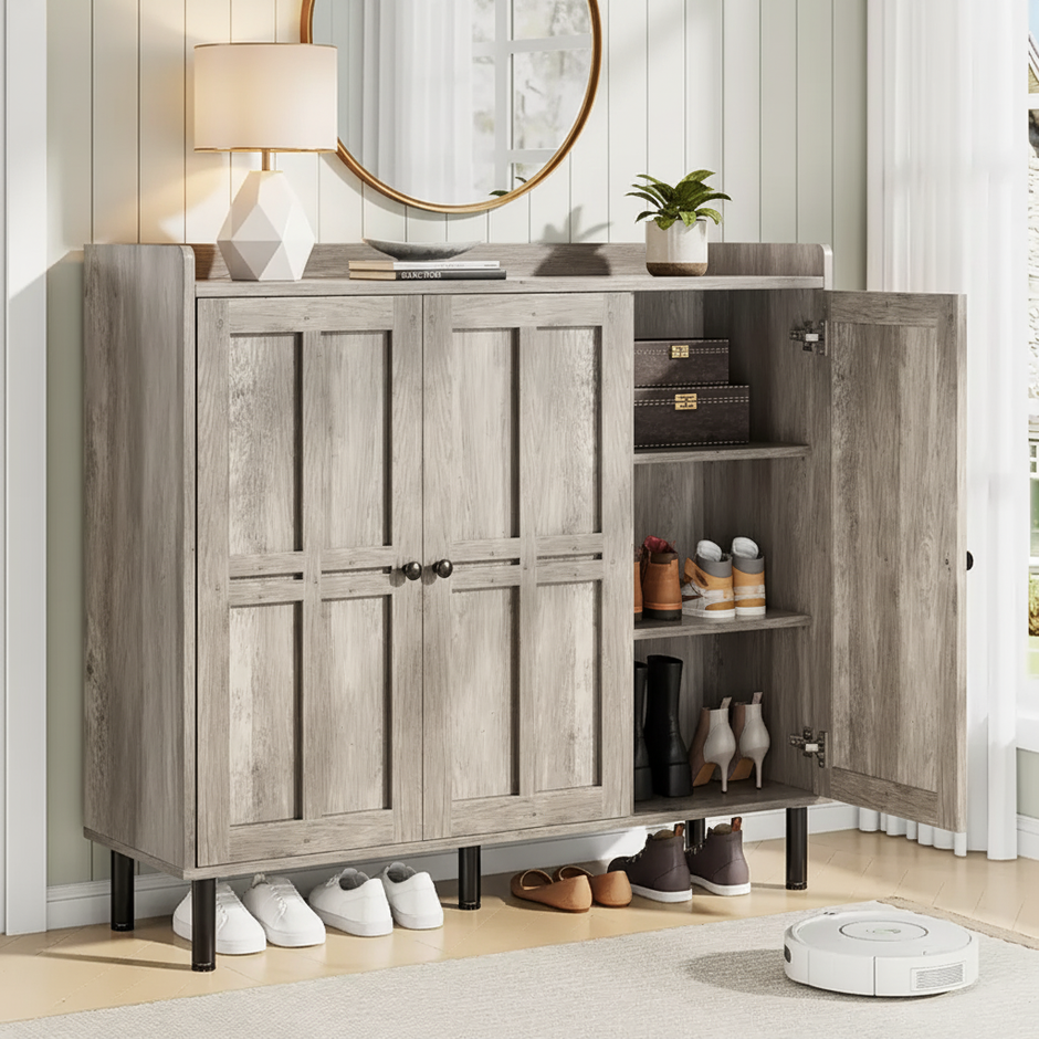 Large Rustic Gray 3-Door Shoe Cabinet with Adjustable Shelves