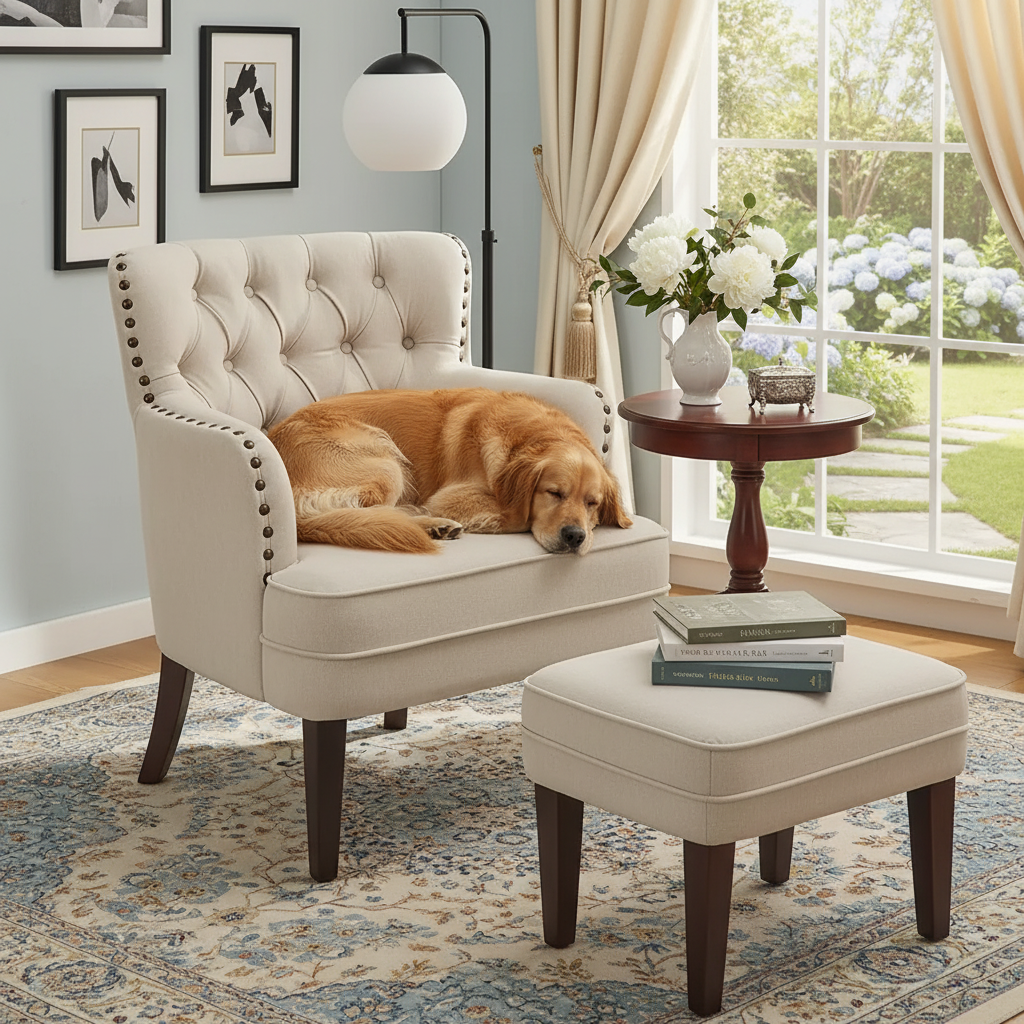 Tufted Accent Chair with Ottoman – Beige