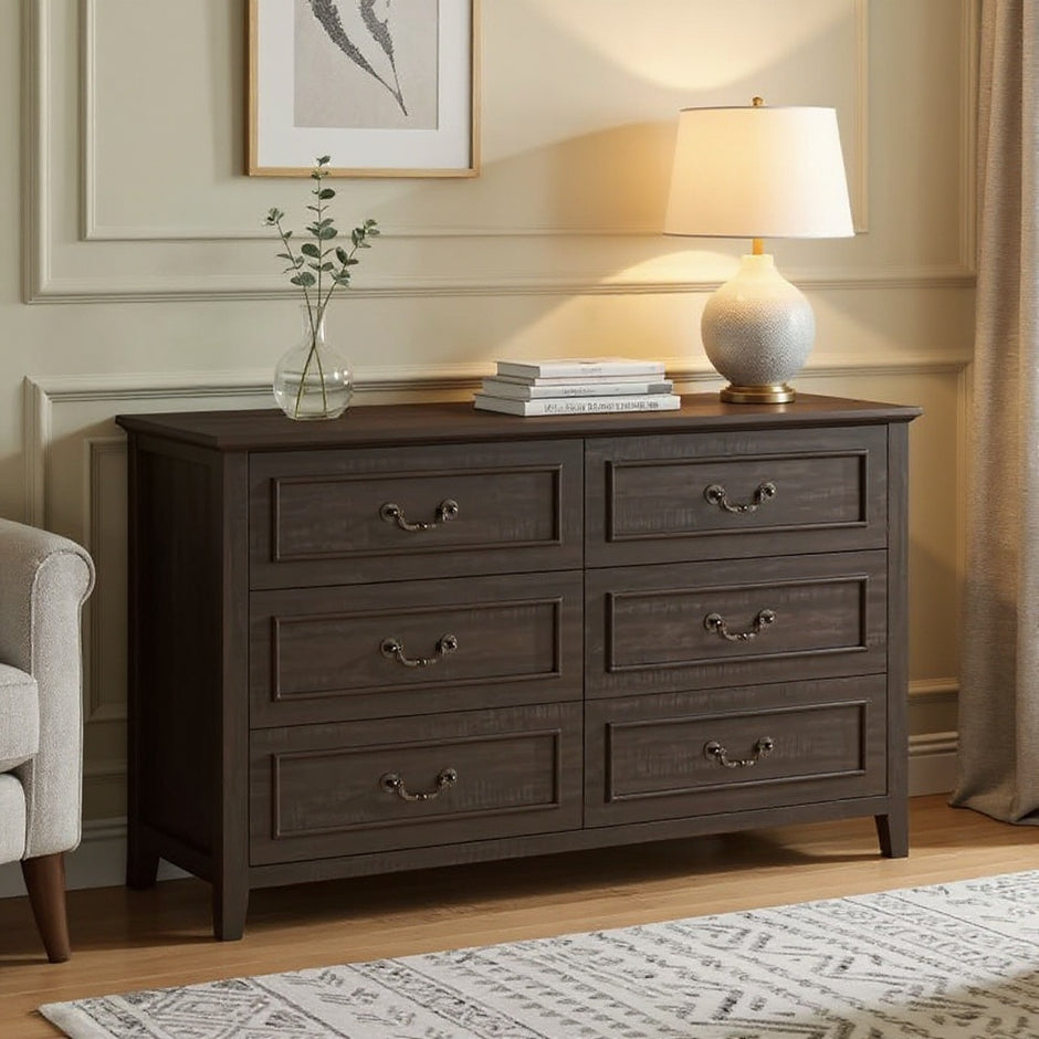 6-Drawer Wooden Dresser, Storage Cabinet with Anti-Tipping Device, Fits TV up to 55