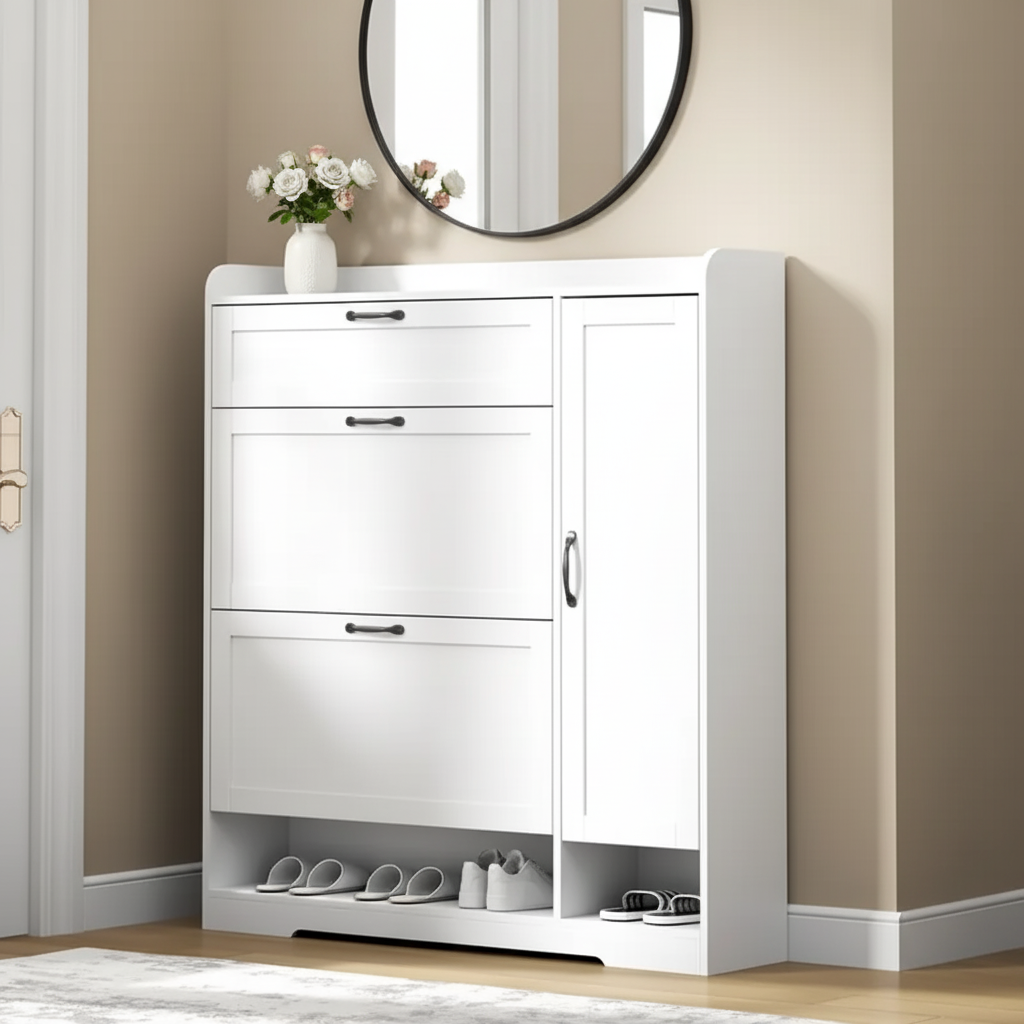 Modern Shoe Cabinet with Adjustable Shelves and 3 Tilt-Out Drawers – Black or White Finish