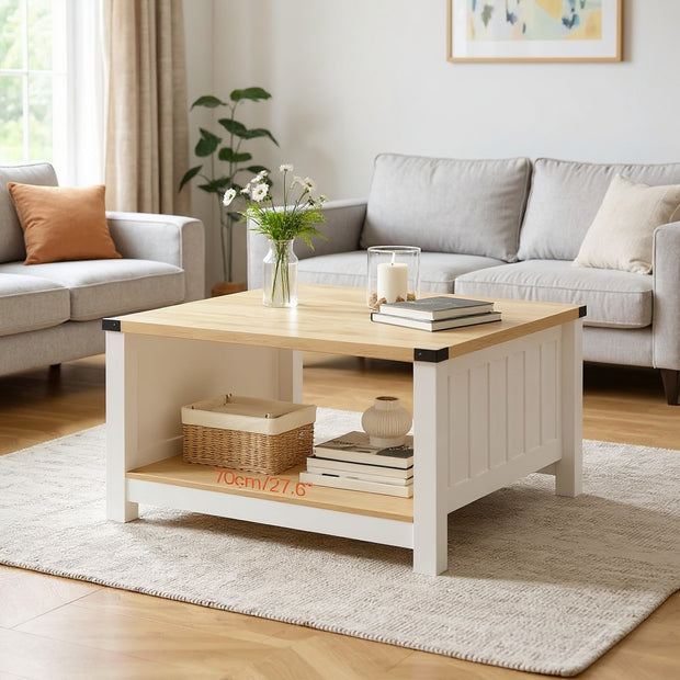 Modern Square Coffee Table with Storage Shelf, 31.5” x 31.5”, White & Oak Finish