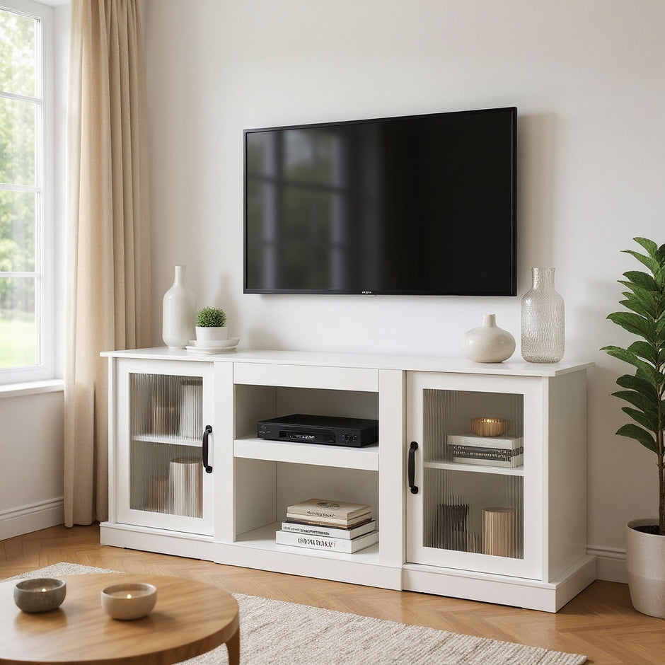 Modern TV Stand with Glass Doors, Fits up to 65” TVs – Storage Cabinet with Shelves