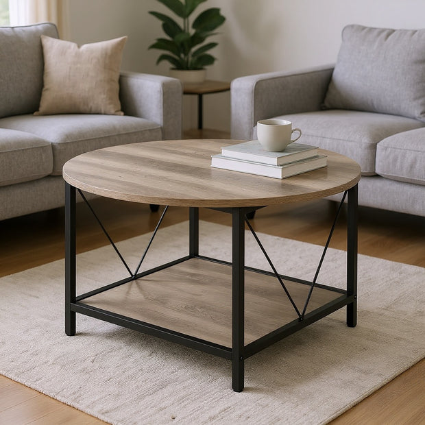 Round Industrial Coffee Table with Storage Shelf – Rustic Brown