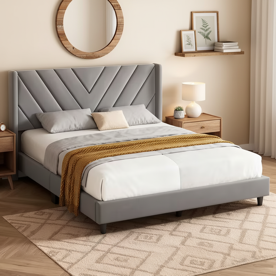 Modern Upholstered Platform Bed with Channel-Tufted Headboard