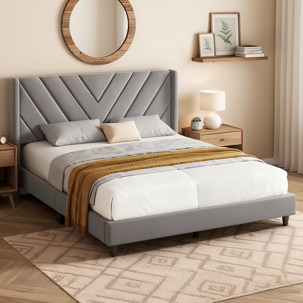 Modern Upholstered Platform Bed with Channel-Tufted Headboard