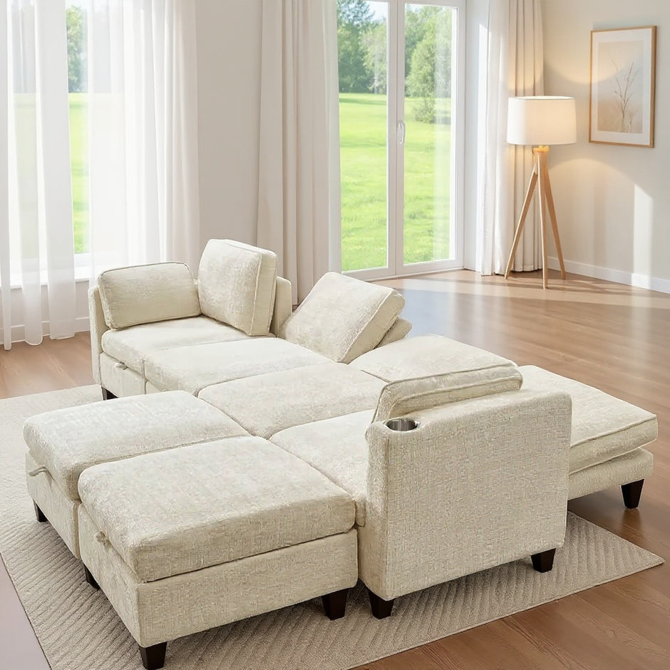 Convertible Modular Sectional Sofa with Storage & Adjustable Backrests – Cream/Blue