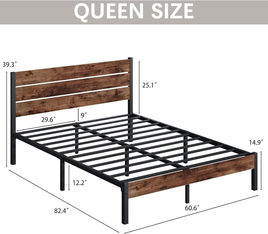 Rustic Wooden Bed Frame with Headboard – Queen Size