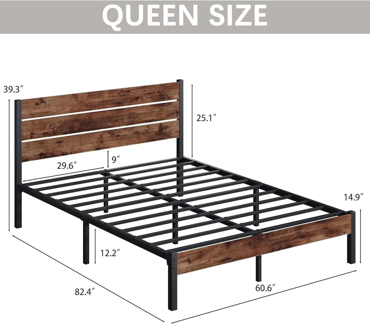 Rustic Wooden Bed Frame with Headboard – Queen Size