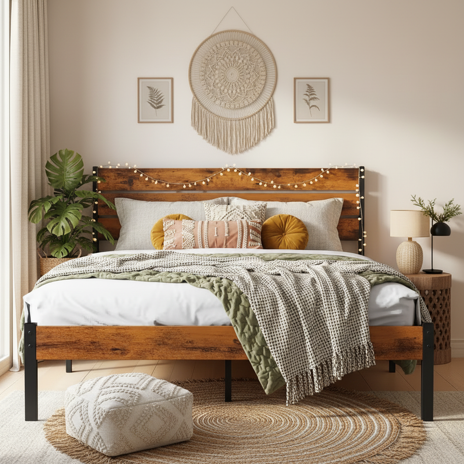 Rustic Wooden Bed Frame with Headboard – Queen Size