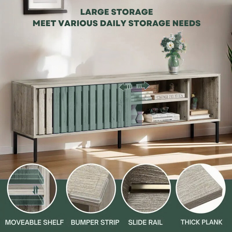 Modern Sliding Door TV Stand with Storage Shelves – 64” Entertainment Console