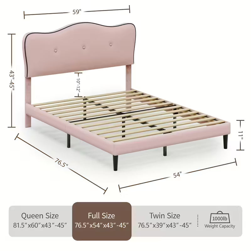 Curved Upholstered Bed Frame with Button-Tufted Headboard – Pink or White