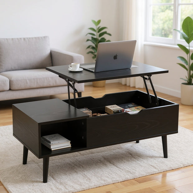 Lift-Top Coffee Table with Hidden Storage and Side Shelves – Black and Rustic Brown