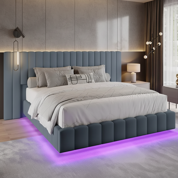 Modern Floating Upholstered Bed Frame with LED Lights
