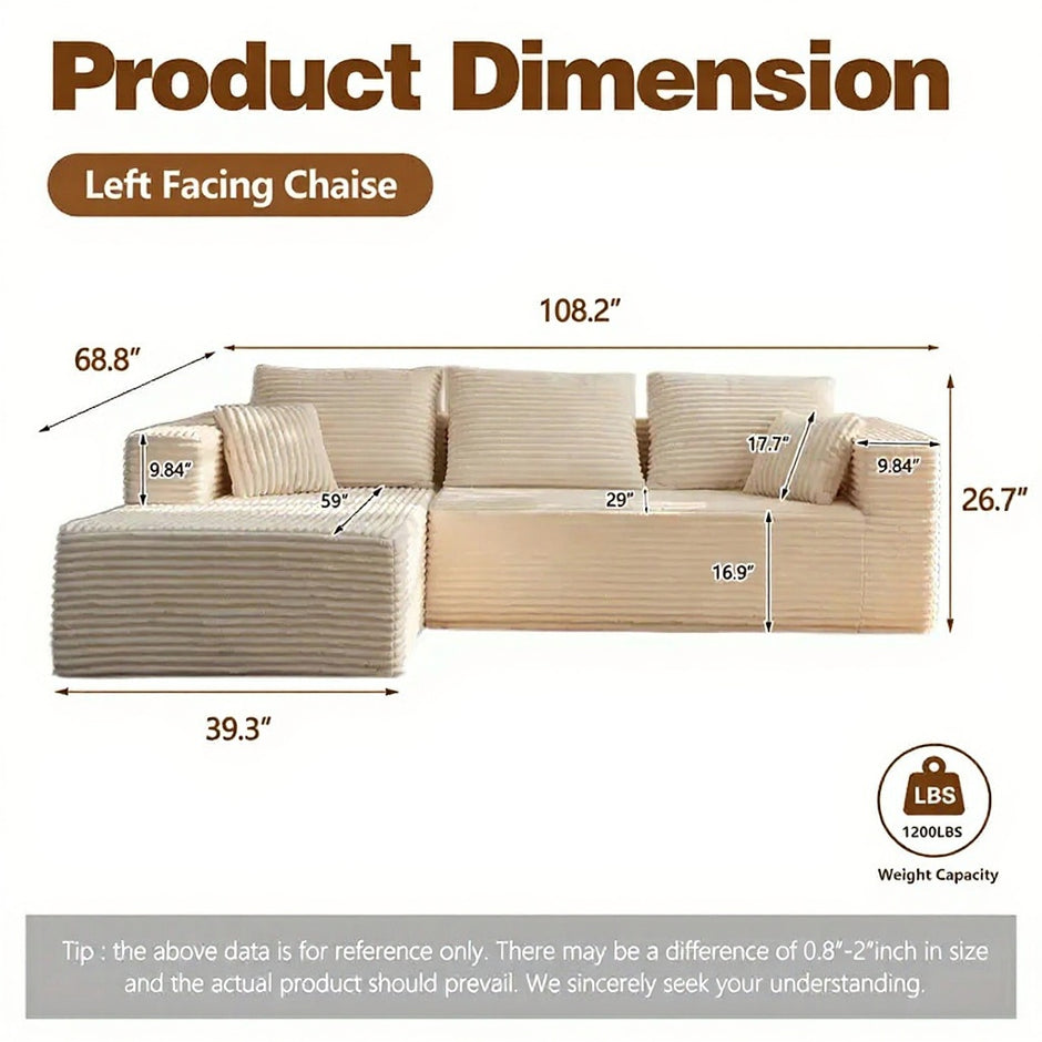 Modern Beige L-Shaped Sectional Sofa with Chaise – Corduroy Upholstery