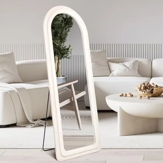 Arched Full-Length Mirror – 63"x24" Upholstered Frame, Cream White