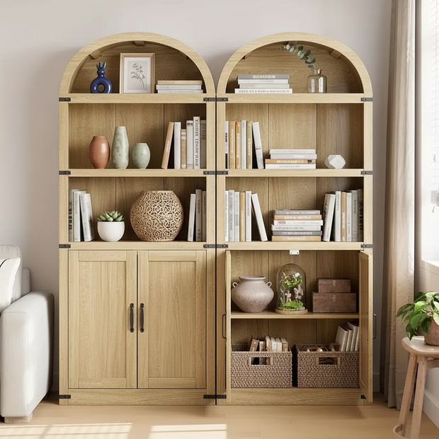 Arched Wood Bookshelf with Storage Cabinet – Tall Rustic Display Shelf with Doors for Living Room, Dining Room, or Office