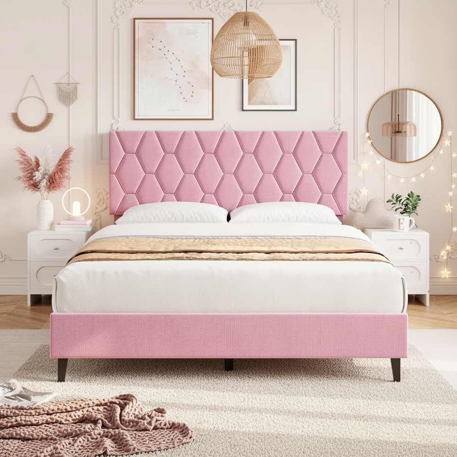 Modern Upholstered Platform Bed with Wingback Headboard